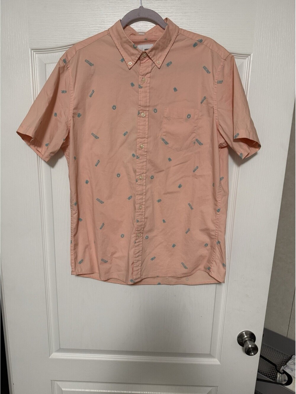 Sonoma Mens L Peach Teal Novelty Print Short Sleeve Button Down Shirt Cotton